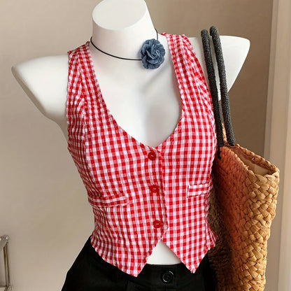 Damen Karierte Weste im Vintage-Stil – Eleganter Sommer Look für Freizeit & Alltag