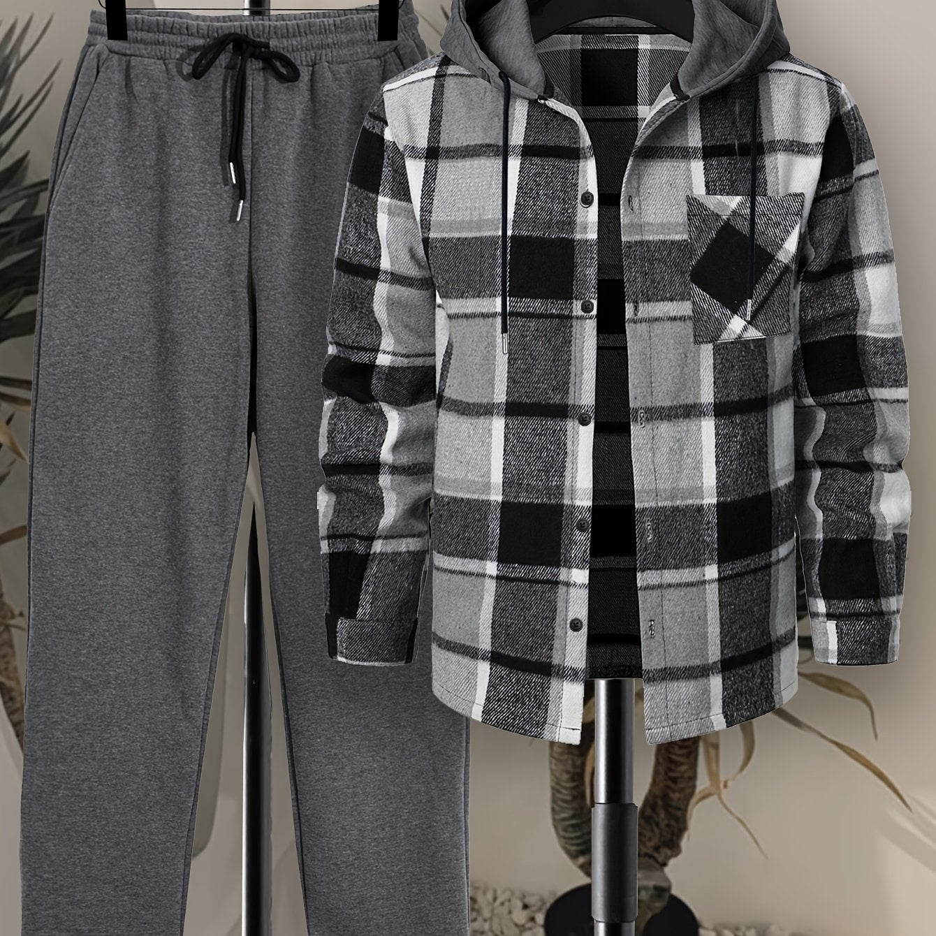 Herren Kariertes Hemd mit Kapuze und Unifarbene Jogginghose Set