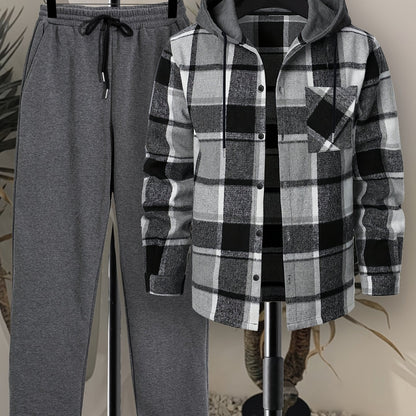 Herren Kariertes Hemd mit Kapuze und Unifarbene Jogginghose Set