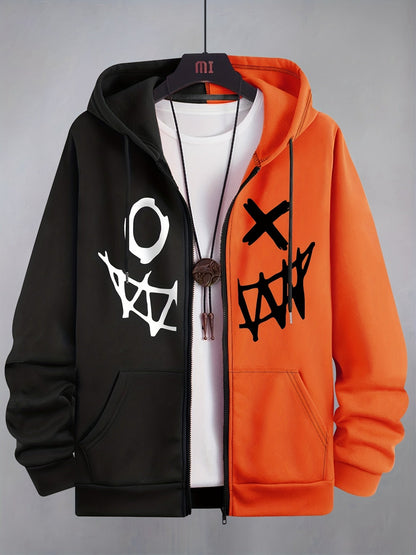 Hoodie mit Reißverschluss, zweifarbig, Kapuze, Kängurutaschen, Motiv