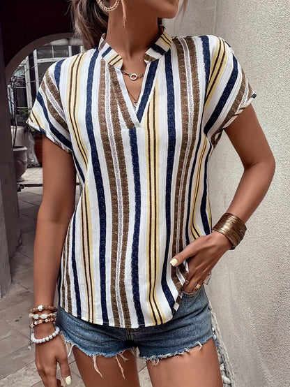Damen Sommer Blusenshirt mit Streifenmuster und V-Ausschnitt – Eleganter Freizeitstil