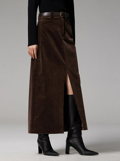 Damen Maxirock Cordoptik Dunkelbraun mit Schlitz