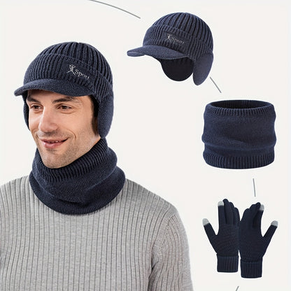Winter Mütze Schal Handschuhe Set, Strickmütze mit Ohrenklappen, Nackenwärmer & Touchscreen-Handschuhe