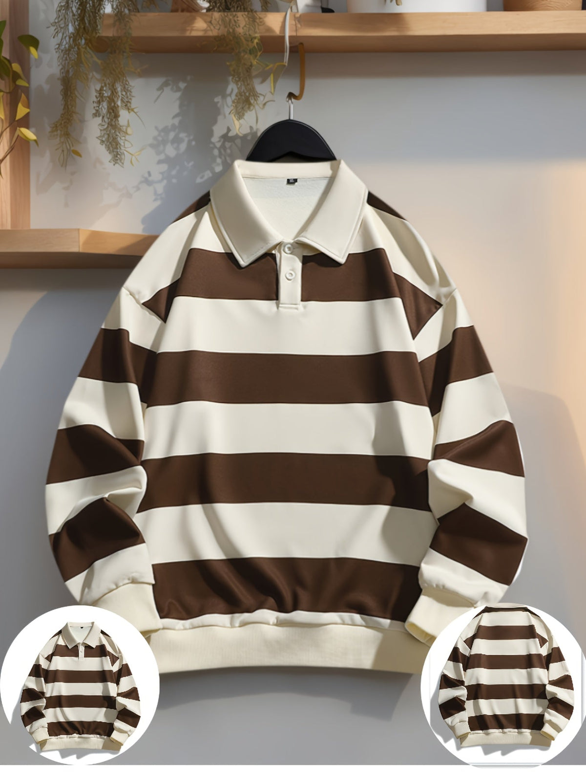 Unisex Langarm Poloshirt gestreift mit Kragen und Knopfleiste