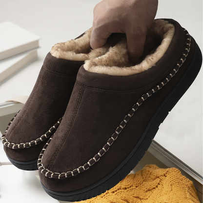 Unisex Winter Hausschuhe gefüttert mit weichem Innenfutter, in Mokassin-Optik, Braun & Schwarz