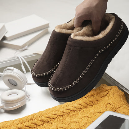 Unisex Winter Hausschuhe gefüttert mit weichem Innenfutter, in Mokassin-Optik, Braun & Schwarz