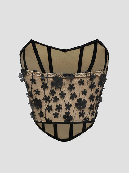 Damen Korsett Top mit 3D Blumenstickerei und Herzausschnitt – Elegantes Party- und Abendoutfit