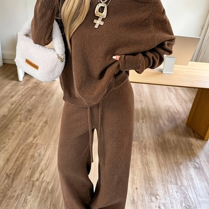 Damen Loungewear Set Braun Langärmeliger Pullover & Weite Hose