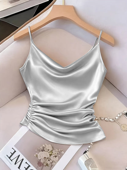 Damen Satin-Camisole mit Wasserfallausschnitt und Raffungen – Elegantes Oberteil für Abend und Party