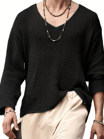 Herren Strickpullover V-Ausschnitt Lockerer Mesh-Look Freizeitpullover für Alltag und Urlaub