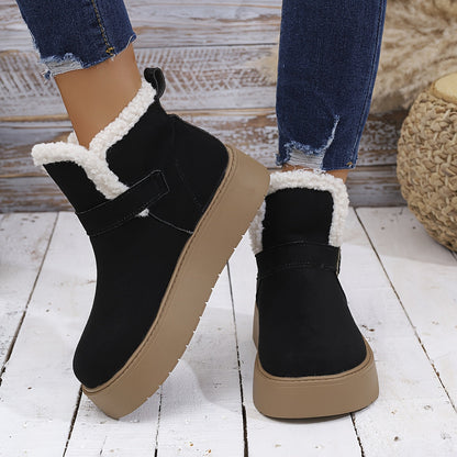Damen Plateauschuh Winterstiefelette Schwarz mit Kunstfellfutter & Schnalle