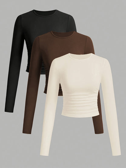 Damen Langarmshirt 3er Pack Rundhals Crop Top geraffte Seiten Schwarz Grau Weiß