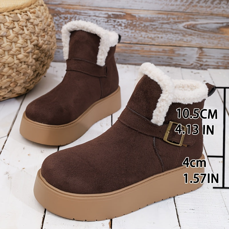 Damen Plateauschuh Winterstiefelette Schwarz mit Kunstfellfutter & Schnalle
