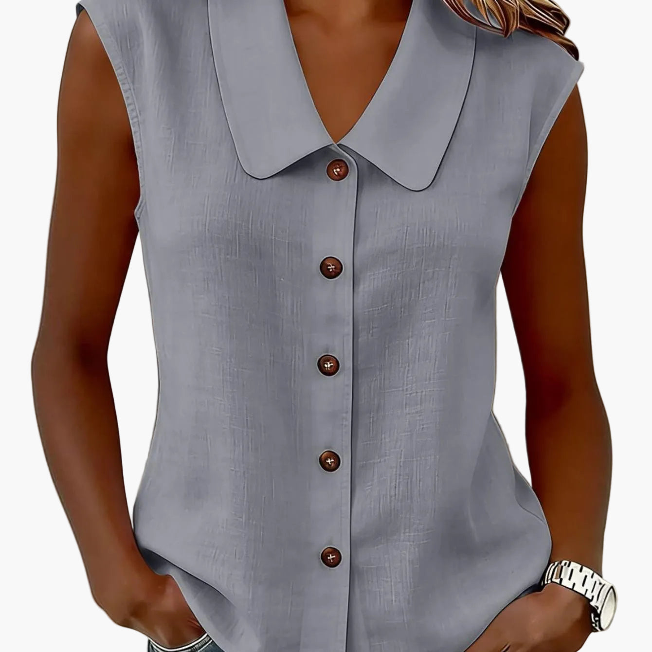 Damen Blusentop ohne Ärmel mit Knopfleiste und großem Kragen – Eleganter Freizeitstil für Alltag und Büro