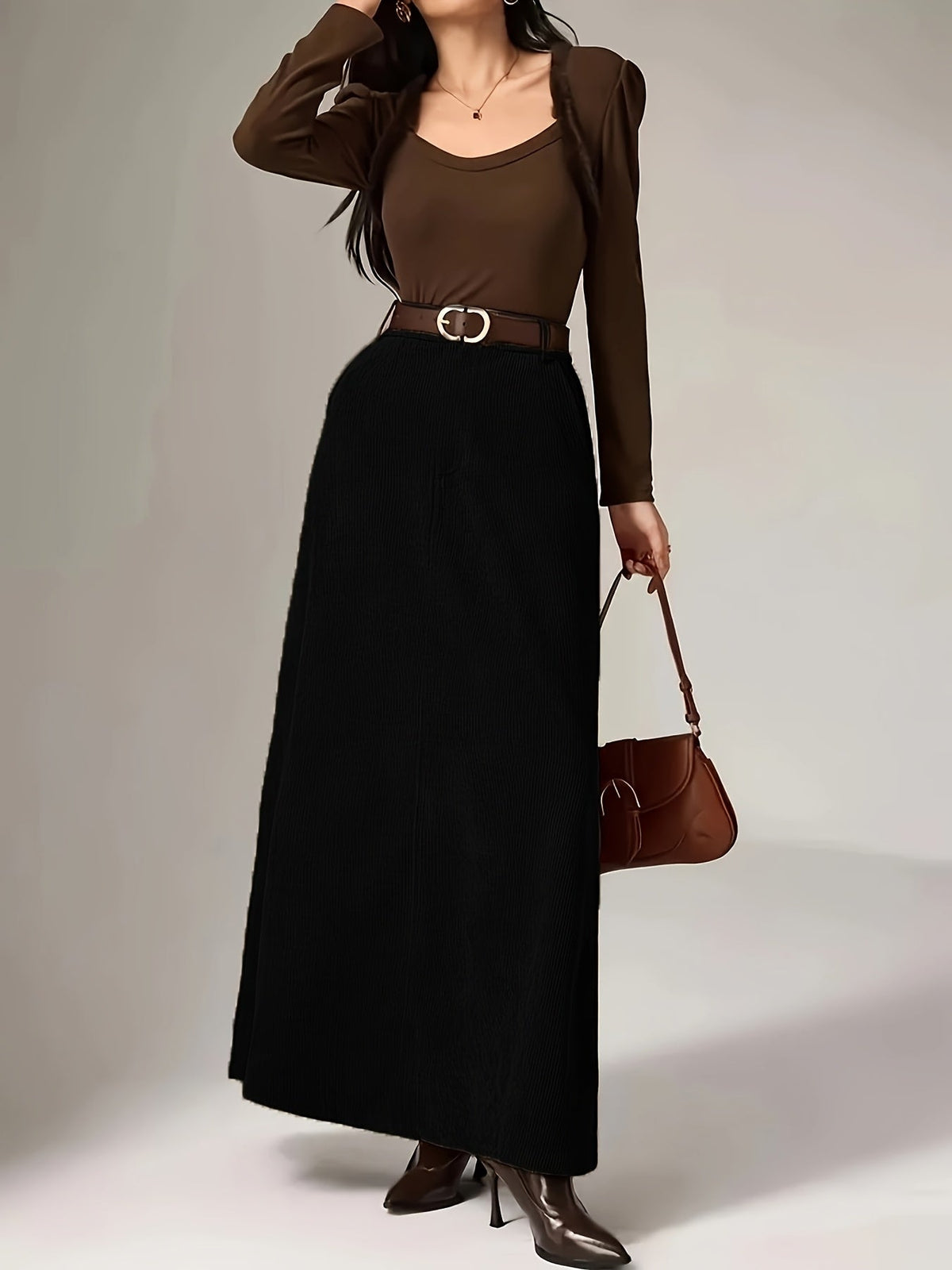 Damen Maxirock A-Linie Cordoptik Hohe Taille mit Seitentaschen
