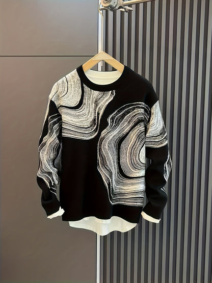 Unisex Langarmshirt Schwarz-Weiß mit Wellenmuster