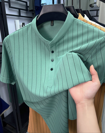 Herren Kurzarm-Hemd mit Stehkragen und Nadelstreifen – Modernes Freizeit- und Business-Outfit