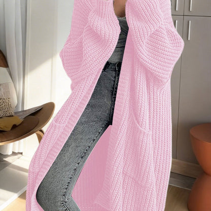 Damen Oversize Strick-Cardigan Lang Offene Front mit Taschen – Lässiger Streetstyle