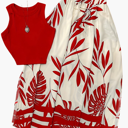 Damen Sommer-Outfit Set – Ärmelloses Top und Maxirock im tropischen Design, ideal für Urlaub und Freizeit