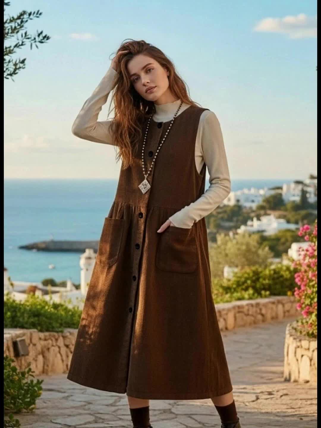 Damen Trägerkleid braun Midi A-Linie mit Knöpfen und Taschen