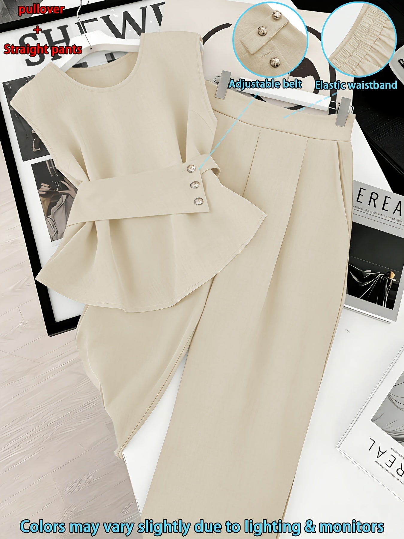 Damen Zweiteiler Set Elegant – Ärmelloses Oberteil mit Gürtel & Gerade Hose, Business & Alltag