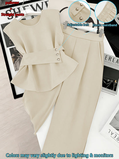 Damen Zweiteiler Set Elegant – Ärmelloses Oberteil mit Gürtel & Gerade Hose, Business & Alltag