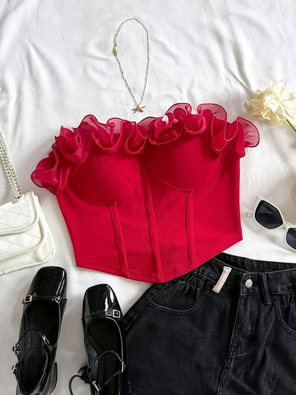 Damen Bustier Top schulterfrei mit Volant und Rüschen – Elegantes Party- und Ausgeh-Oberteil