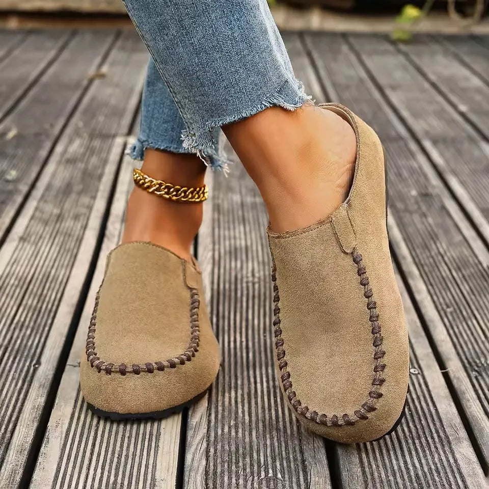 Damen Slipper Mules mit Ziernaht Komfortschuhe Braun