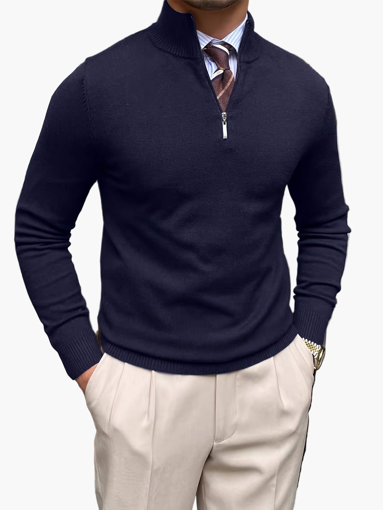 Herren Strickpullover mit Stehkragen und Reißverschluss – Eleganter Business & Freizeit Pullover