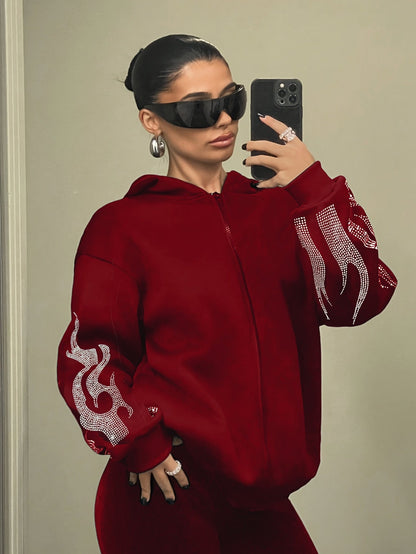 Hoodie Schwarz mit Glitzerstein-Flammenmuster