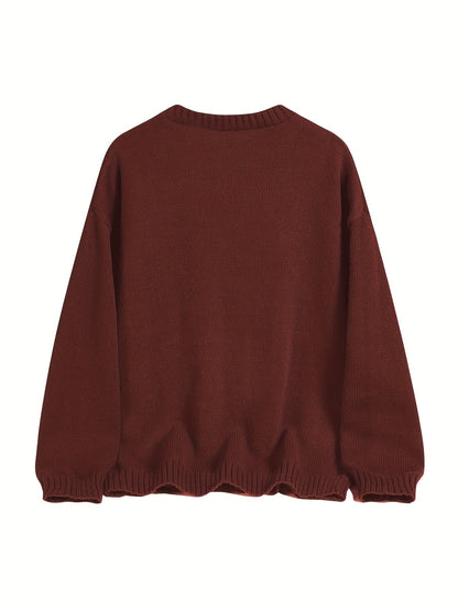 Unisex Strickpullover mit Teddybär-Muster Rundhalsausschnitt Langarm