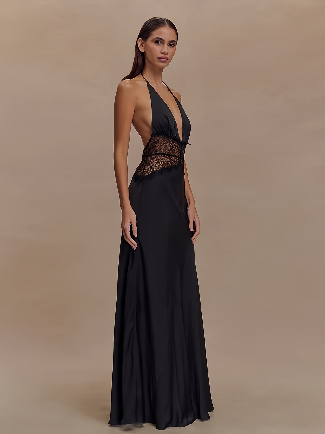 Damen Abendkleid im eleganten Fit & Flare Stil mit tiefem V-Ausschnitt und Spitzenakzent – Perfekt für festliche Anlässe