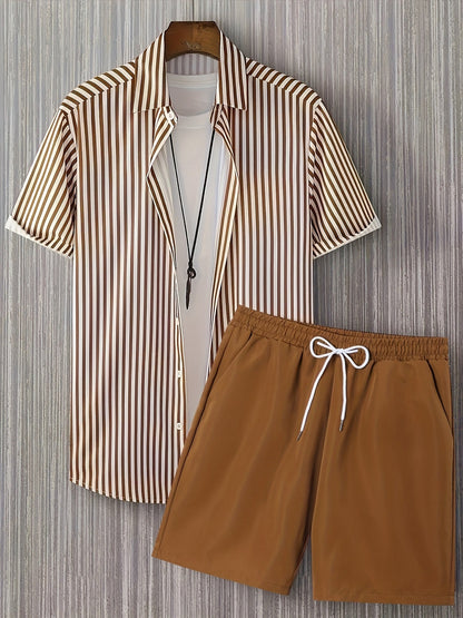 Herren Set mit Kurzarmhemd und Shorts, Modernes Streifen Design, Freizeit Outfit für Sommer und Urlaub