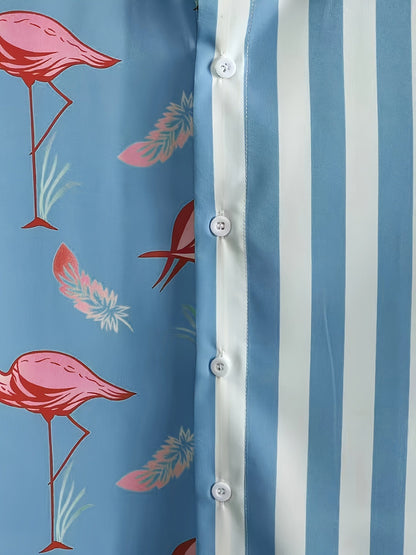 Herren Sommer Freizeitset mit Flamingo- und Streifenmuster – Modisches Kurzarm-Hemd & Shorts – Perfekt für Urlaub und Alltag