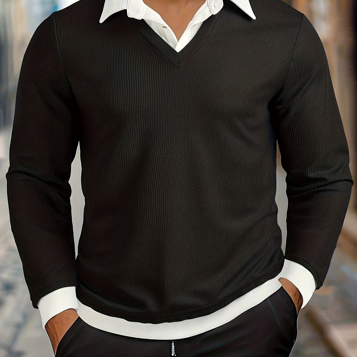 Herren Langarmshirt mit V-Ausschnitt, Schwarz, Lagenlook
