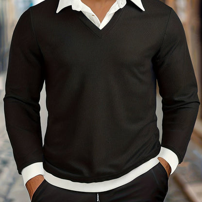 Herren Langarmshirt mit V-Ausschnitt, Schwarz, Lagenlook