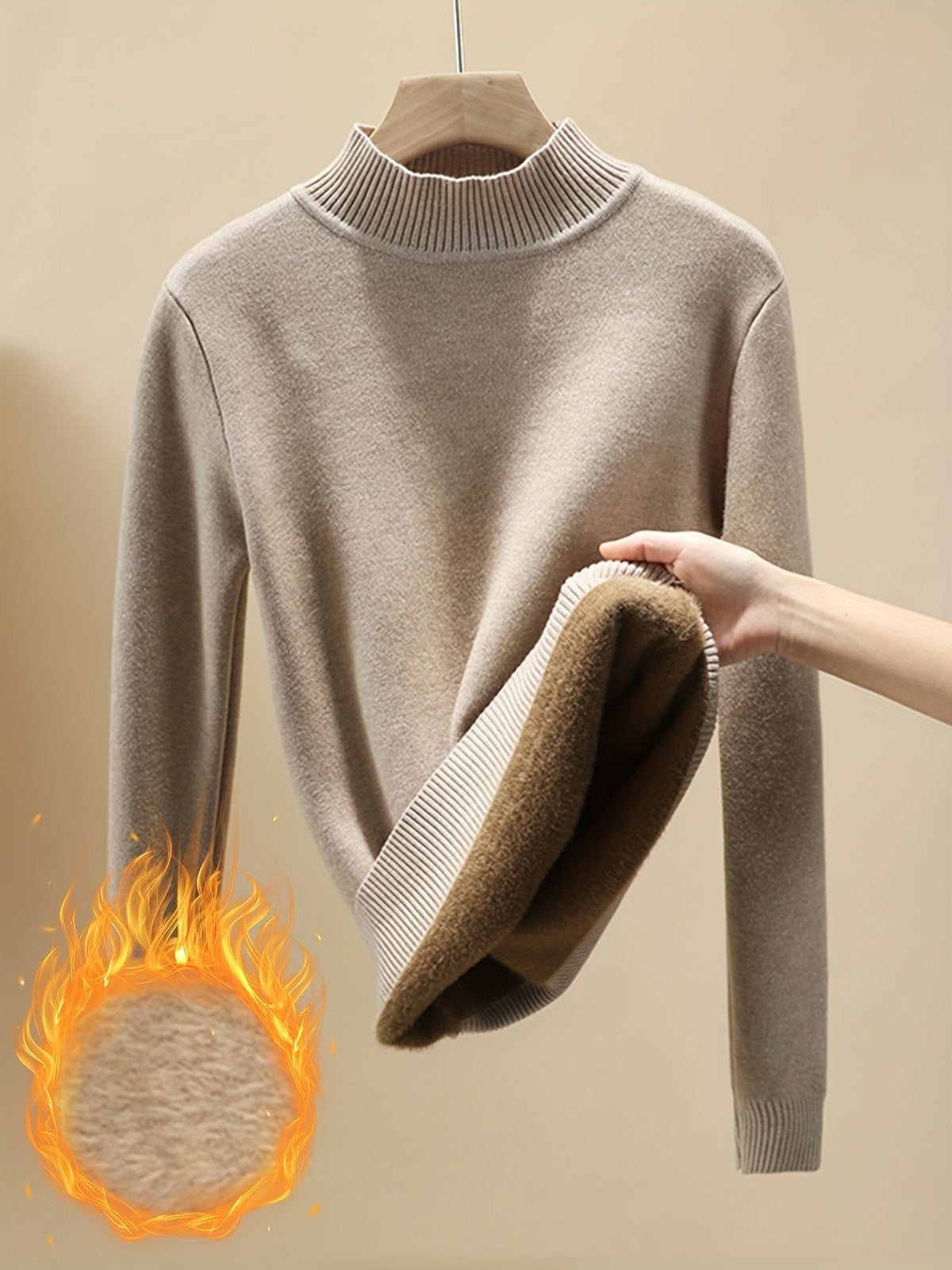 Damen Rollkragen Pullover mit Fleece-Futter – Langarm Basic Shirt Warm