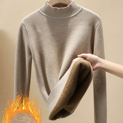 Damen Rollkragen Pullover mit Fleece-Futter – Langarm Basic Shirt Warm