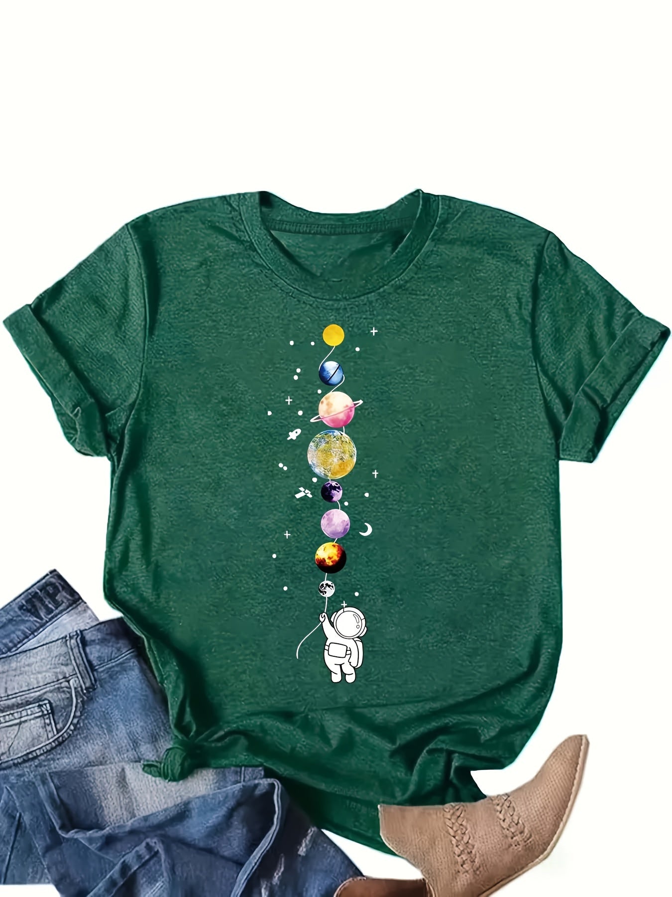 Damen T-Shirt mit Astronaut und Planeten Grafik – Stilvolles Freizeitshirt für Weltraumfans