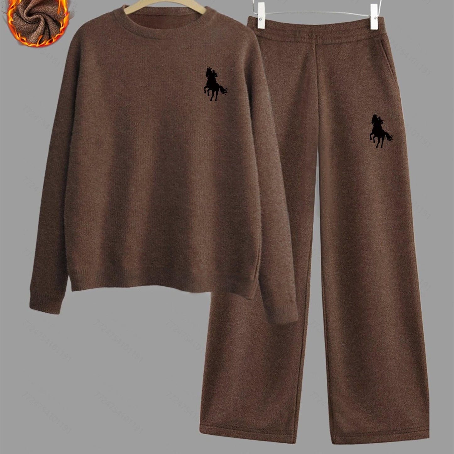 Damen Loungewear Set Pullover und Hose Braun mit Pferde-Stickerei