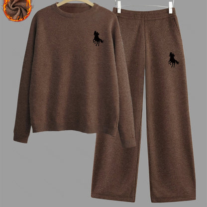 Damen Loungewear Set Pullover und Hose Braun mit Pferde-Stickerei