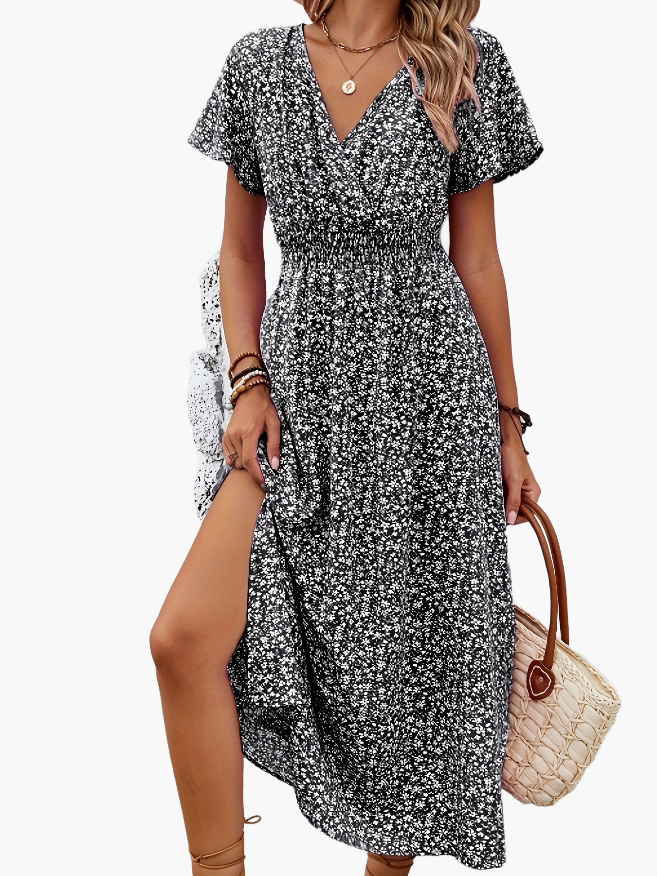 Damen Sommerkleid Elegant mit Blumenmuster und Schlitz – Perfekt für Alltag und Urlaub