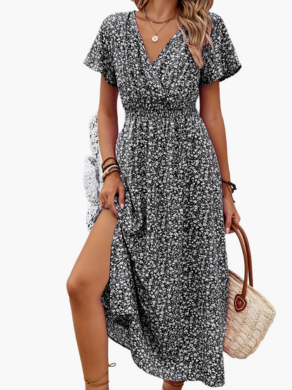 Damen Sommerkleid Elegant mit Blumenmuster und Schlitz – Perfekt für Alltag und Urlaub