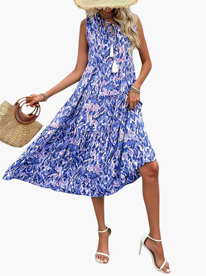 Damen Sommerkleid Elegant Boho Style Ärmellos Midi Freizeitkleid mit Kordel und Quasten