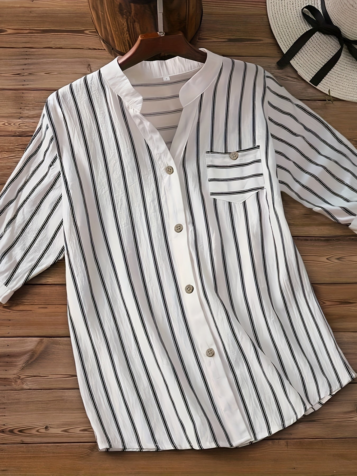 Herren Kurzarm Freizeithemd mit Streifen und Stehkragen – Modernes Button-Down Hemd für Alltag und Büro