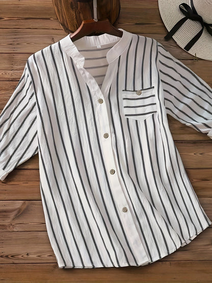Herren Kurzarm Freizeithemd mit Streifen und Stehkragen – Modernes Button-Down Hemd für Alltag und Büro