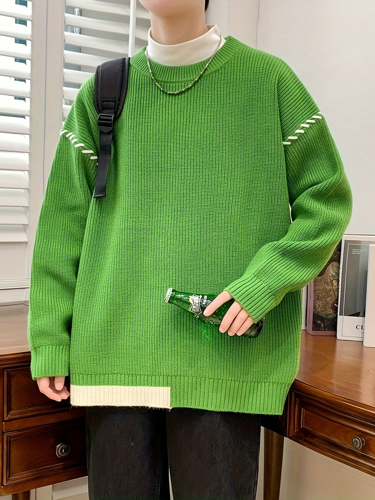 Unisex Rippstrick Pullover Rundhals mit Streifenmuster an Ärmeln und Saum