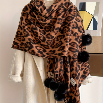 Damen Schal mit Leopardenmuster und Bommeln Weiches Material Animal Print Warmer Umhang