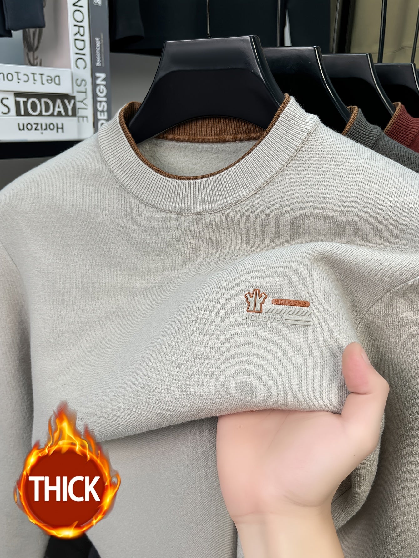 Herren Pullover Rundhals Langarm Strickpullover Warmgefüttert mit Rippbündchen
