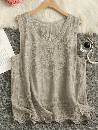 Damen Boho Stickerei Top mit Blumenmuster und Spitzenkante – Ärmelloses Sommer Tanktop für Freizeit und besondere Anlässe